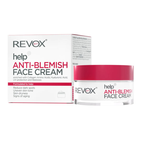 REVOX B77 help ANTI-BLEMISH FACE CREAM is speciaal ontwikkeld om de onvolkomenheden van de huid te helpen verminderen. Het is verrijkt met collageen-aminozuren met uitstekende conditionerende en hydraterende eigenschappen. Het hyaluronzuur en de effectieve UV-bescherming bevorderen het behoud van een frisse en jonge uitstraling van de huid. Donkere vlekken: Helpt de donkere vlekken te verlichten en te voorkomen dat ze opnieuw verschijnen. Draagt ​​bij aan een stralende huid met minder zichtbare pigmentvlekken. Ongelijke huidskleur: Helpt verkleuring te minimaliseren en egaliseert de huidskleur om de natuurlijke glans te versterken. Droogheid: Creëert een barrière tegen natuurlijk vochtverlies, verbetert de vochtretentie en kalmeert de gevoelige huid. Tekenen van veroudering: Helpt rimpels, expressielijnen en losse contouren te minimaliseren. Beschermt de huid tegen de UV-stralen.